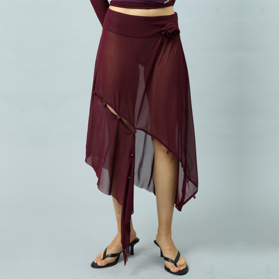 ASYMMETRIC MESH SKIRT WITH FLOWER APPLIQUE