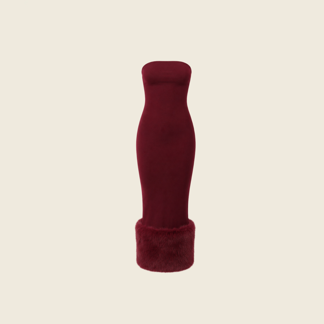 CHERRY FUR HEM STRAPLESS MIDAXI DRESS