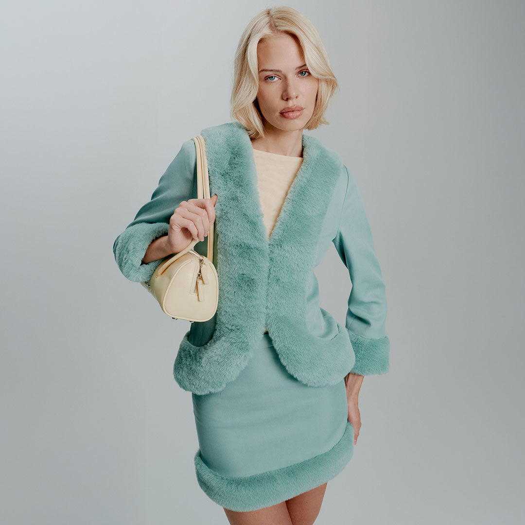 TIFFANY BLUE FUR TRIM TAILORED BLAZER