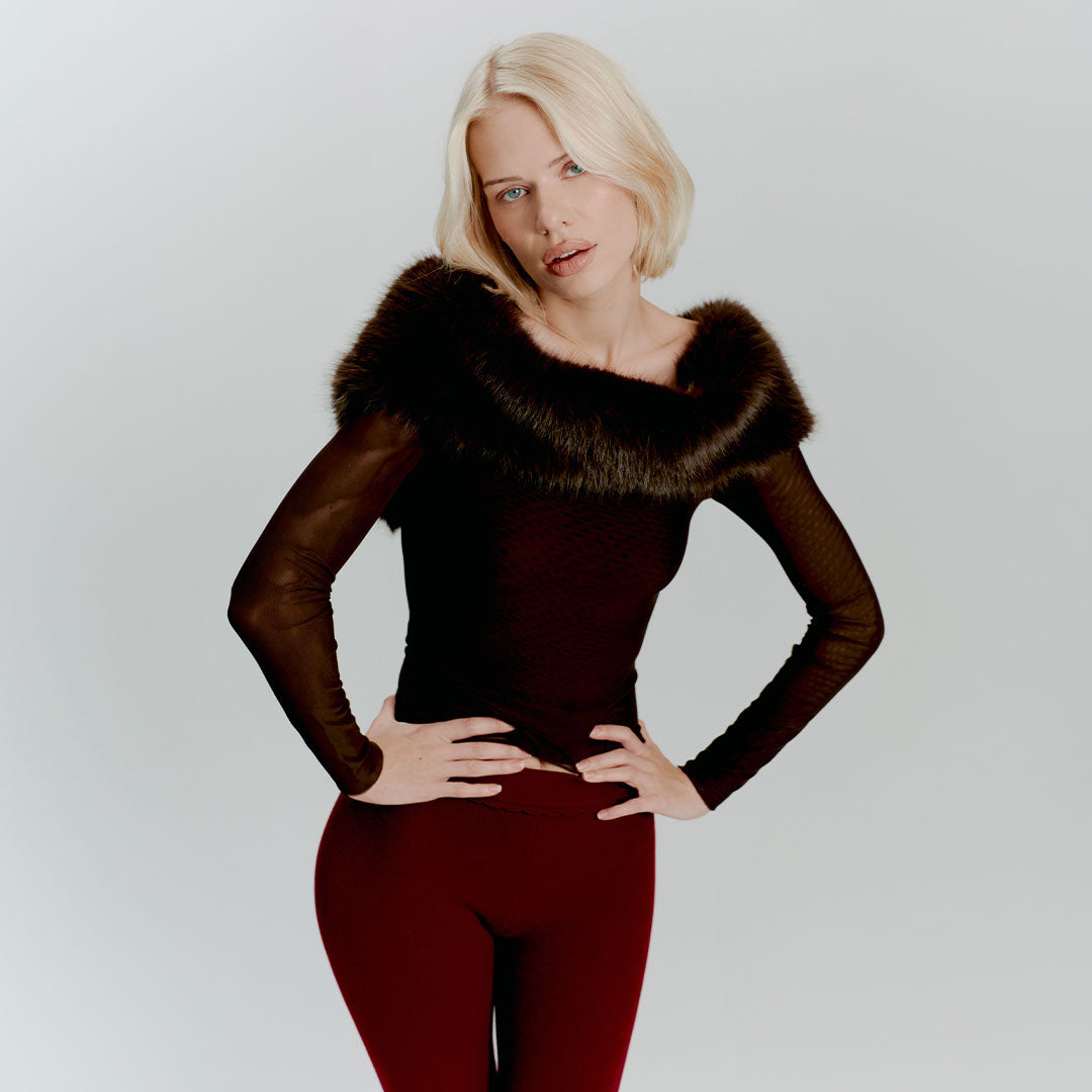 CHOCOLATE FUR TRIM BARDOT LONG SLEEVE TOP