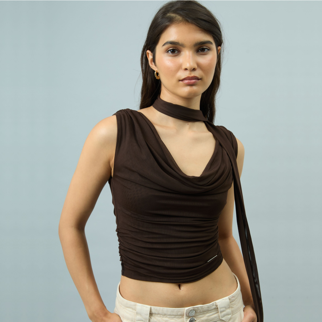 CHOCOLATE SECOND SKIN DRAPED  TOP
