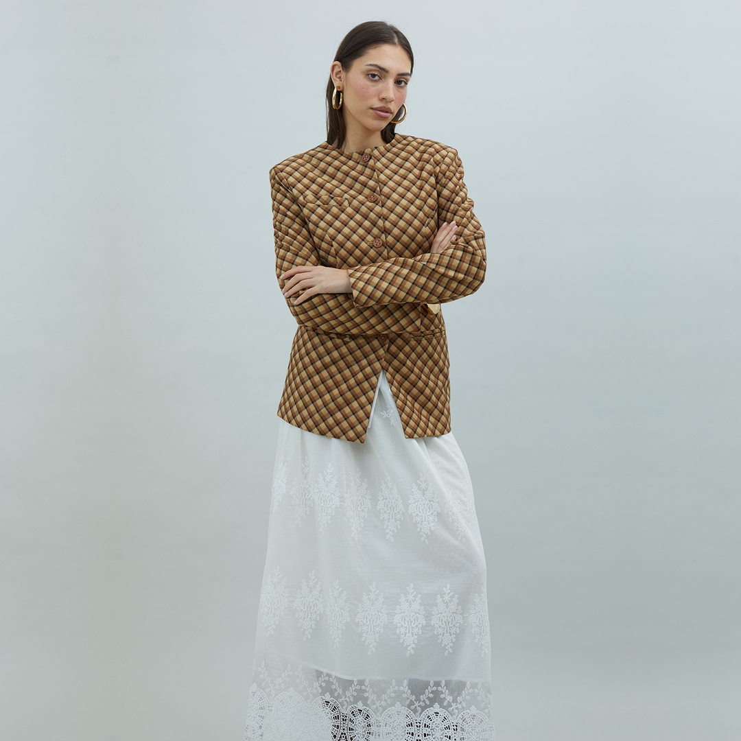 CHECK COLLARLESS BLAZER