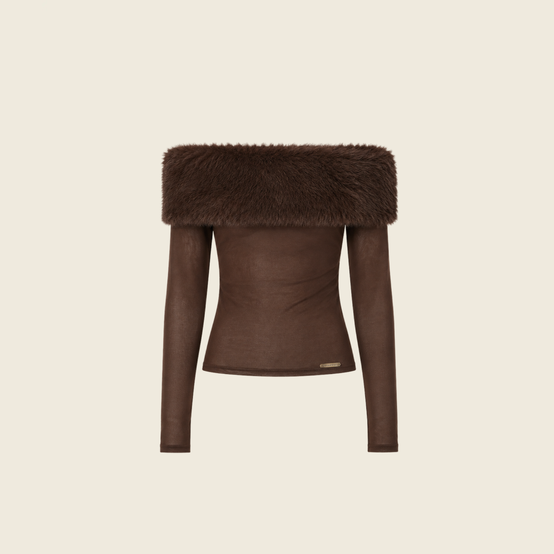 CHOCOLATE FUR TRIM BARDOT LONG SLEEVE TOP