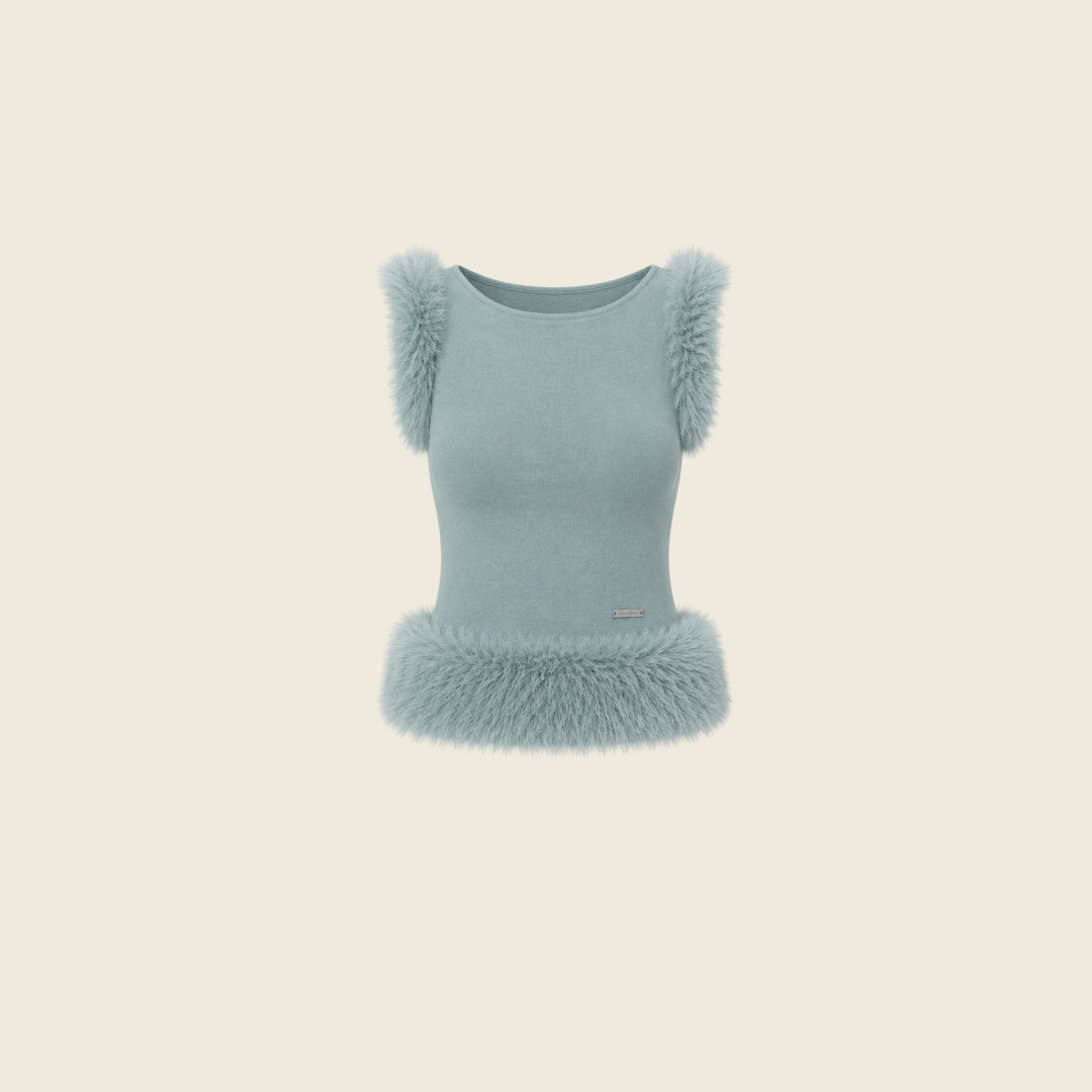TIFFANY BLUE FUR TRIM SLEELEVESS SECOND SKIN TOP
