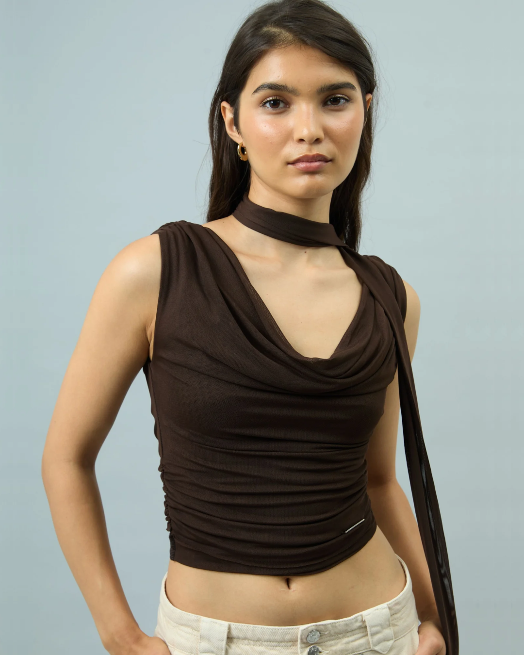 CHOCOLATE SECOND SKIN DRAPED  TOP