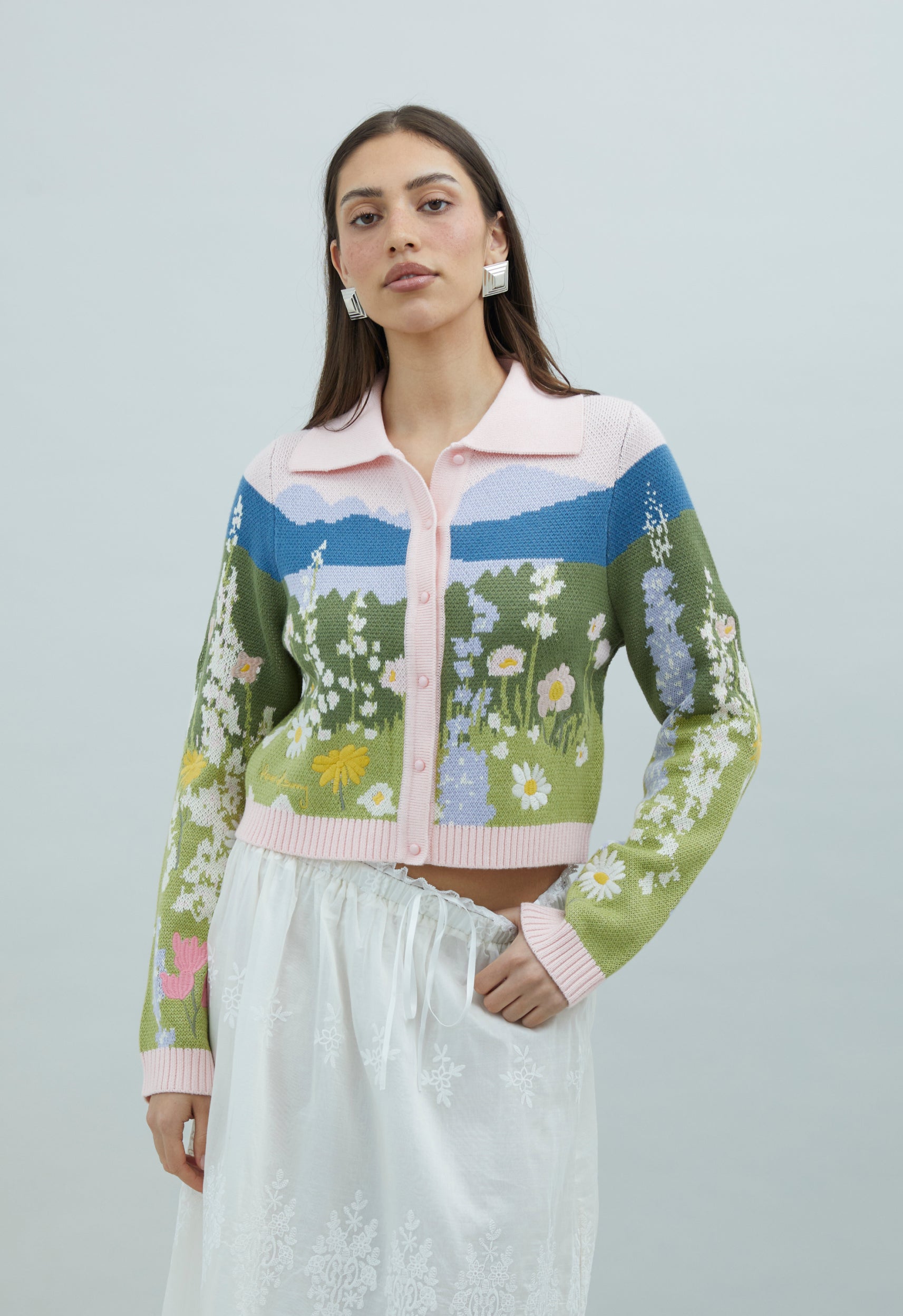 トップス sunsea 21ss t-shirt customized cardigan Sunset Blooms Tripper Cardigan | House of Sunny Floral Jacquard Knit