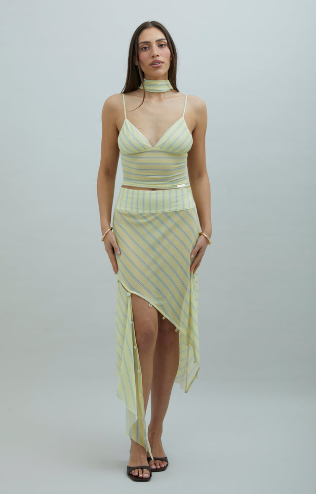 Recycled Striped Mesh Asymmetric Skirt | House of Sunny Yellow Midi Recycled Striped Mesh Asymmetric Skirt | House of Sunny Yellow Midi