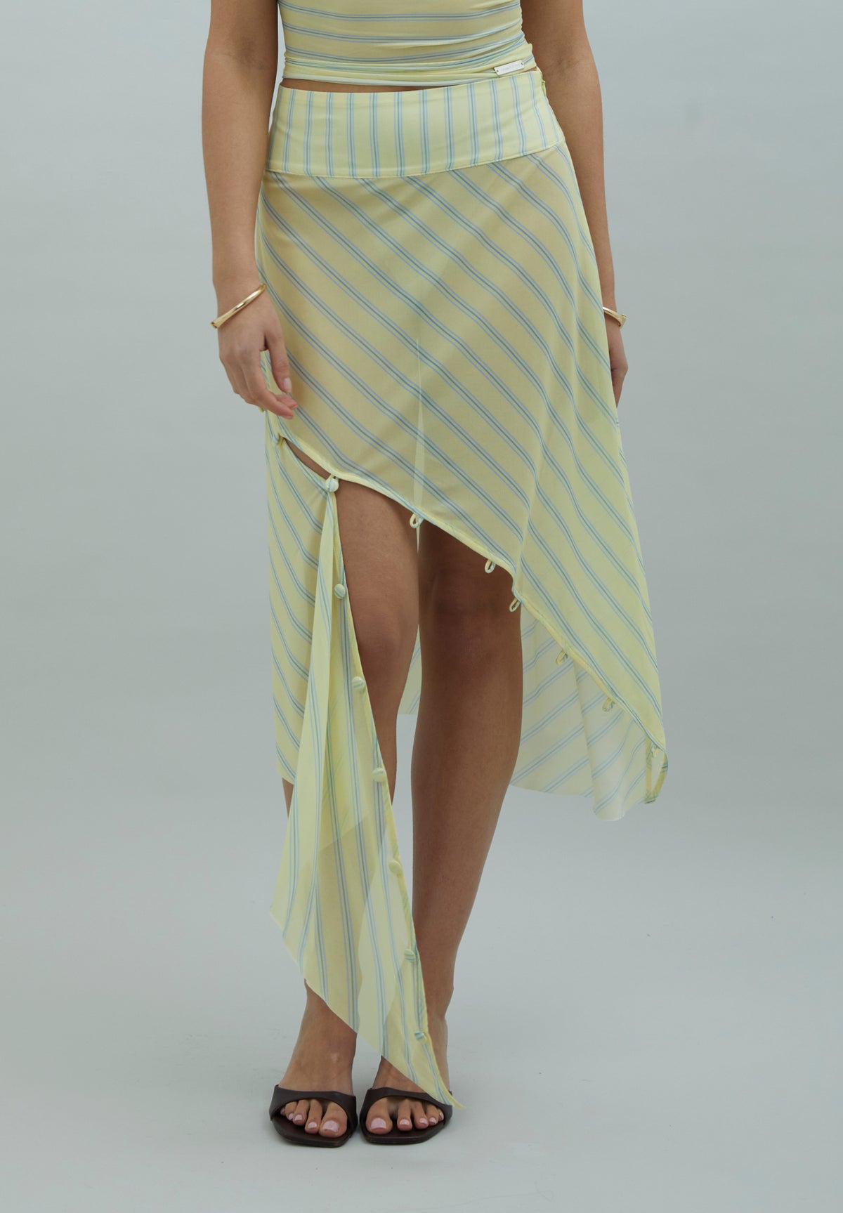 Striped Mesh Asymmetric Skirt