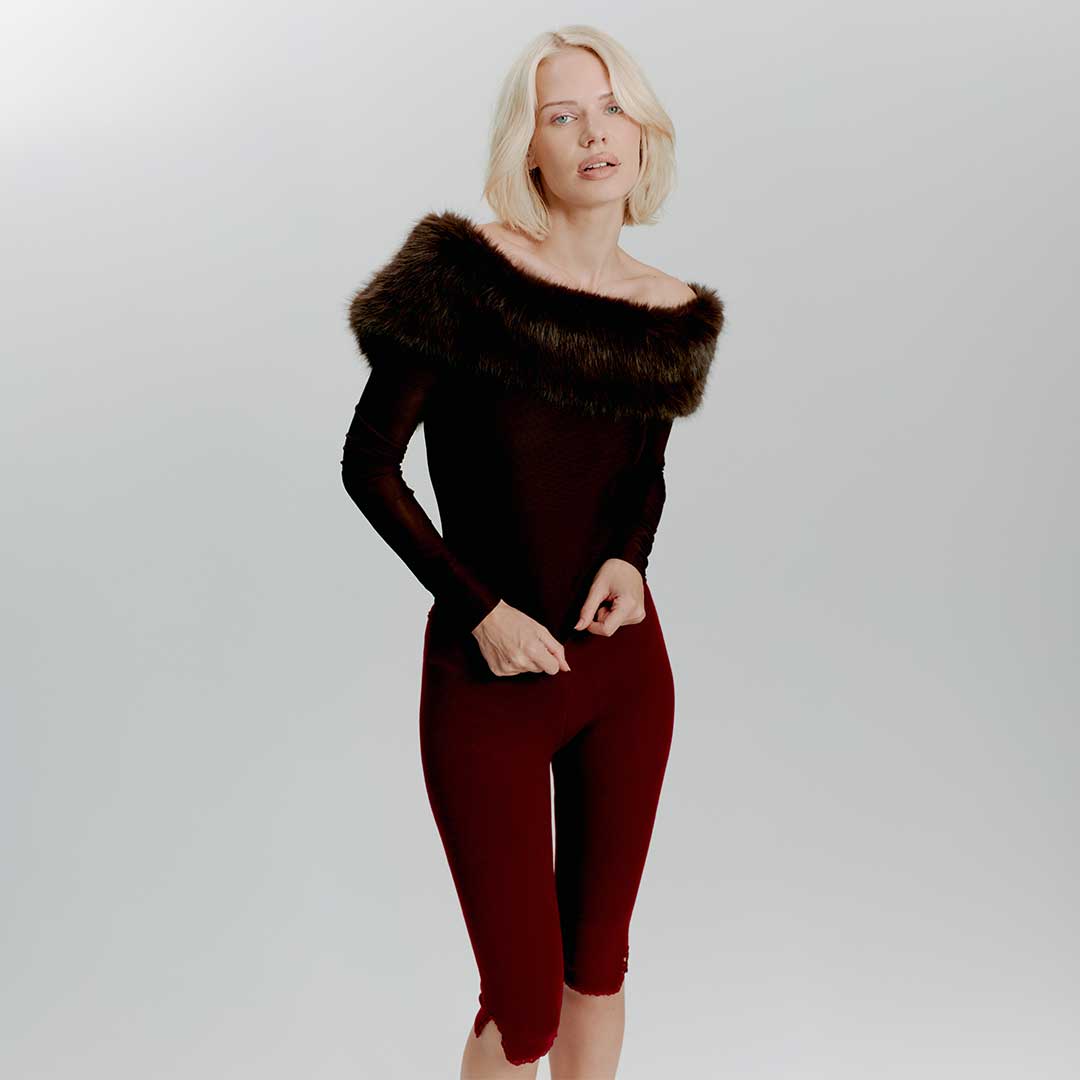 CHOCOLATE FUR TRIM BARDOT LONG SLEEVE TOP